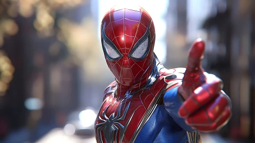 Armored red and blue superhero pointing on city street.