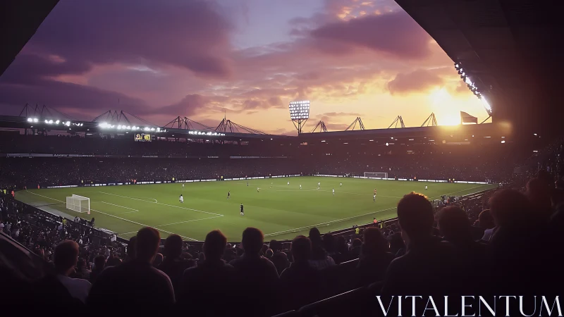 Floodlit football stadium under stratified sunset sky panorama.