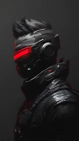 Neon-visor cyber operative in glossy tactical armor profile.