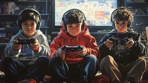 Three Gamers Focused. Digital Play in Modern Gaming Room.