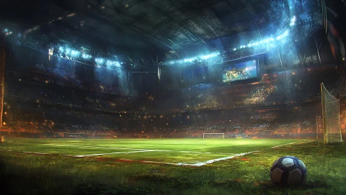Floodlit football arena interior with cinematic rain atmosphere.