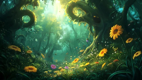 Enchanted Forest Clearing with Golden Sunflowers and Mystical Light