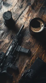 Tactical carbine, coffee cup and lens arranged on distressed wood
