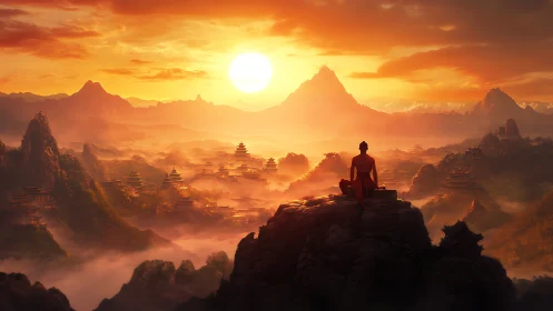 Monk overlooking misty mountain temples at vivid sunset.