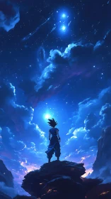 Lone warrior gazes into a luminous, star-filled night sky.