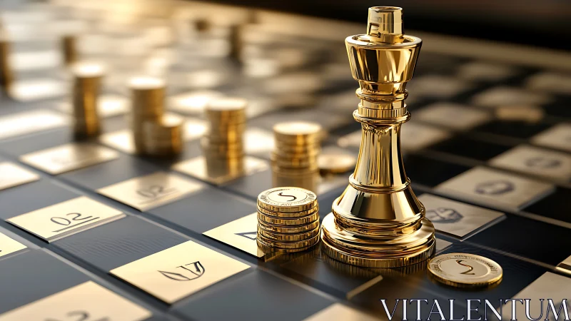 Golden chess king and stacked coins on metallic board.