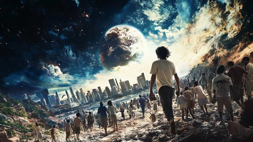 Crowd moving toward damaged city under fractured planet.