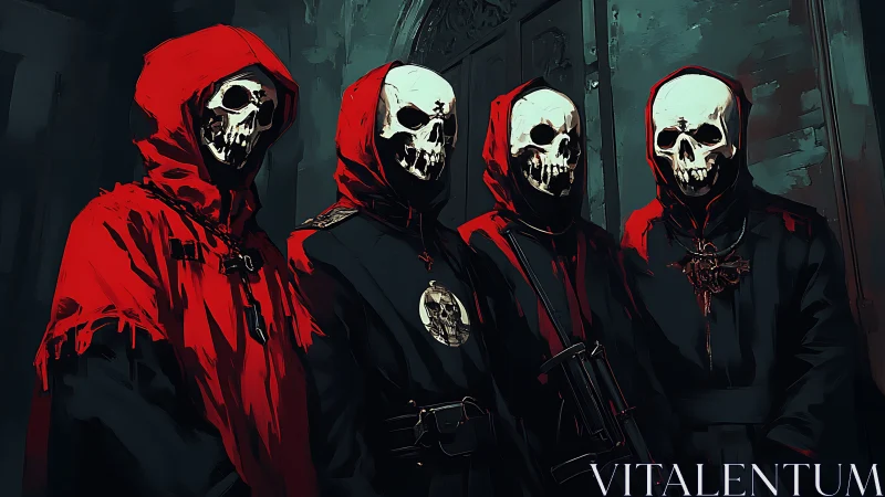 Hooded skeletal cultists in red black robes with rifles assembled