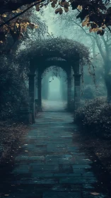 Misty stone pathway beneath vine covered garden arches.