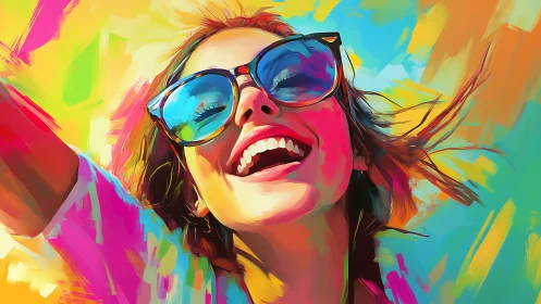 Vibrant woman in sunglasses in expressive neon brushstroke portrait.