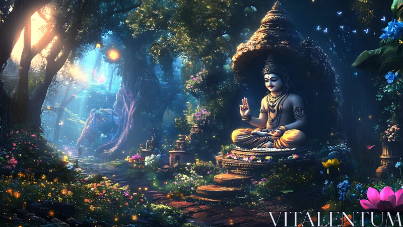 Forest starlight gathers around a serene meditating deity