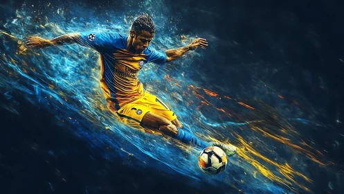 Dynamic soccer striker rendered with high-energy particle trails