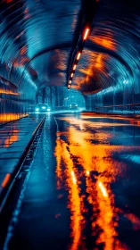 Cyberpunk tunnel with neon reflections and dynamic wet roadway.