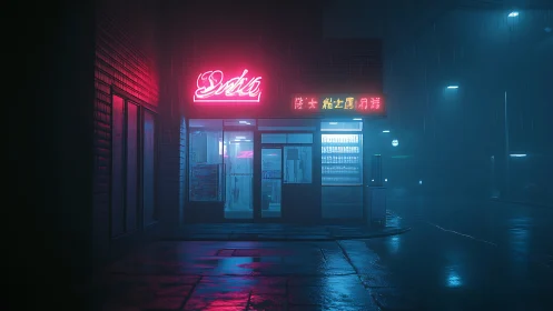 Neon corner store glowing softly through a rainy midnight.