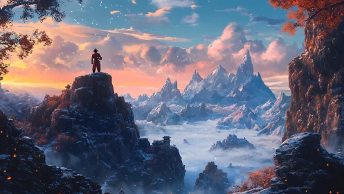 Solitary warrior surveys luminous alpine vista at sunrise