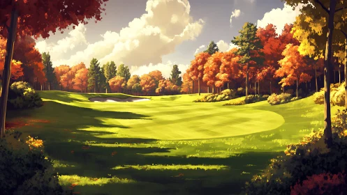 Autumn golf fairway under golden afternoon forest light.