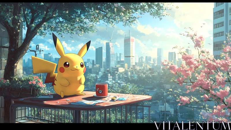 Anime terrace vignette with Pikachu and panoramic cityscape.