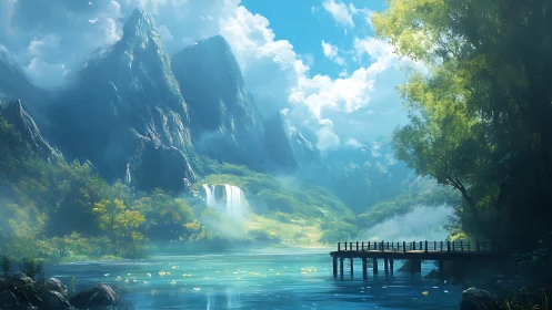 Sunlit mountains cradle a misty lake of tranquil whispers