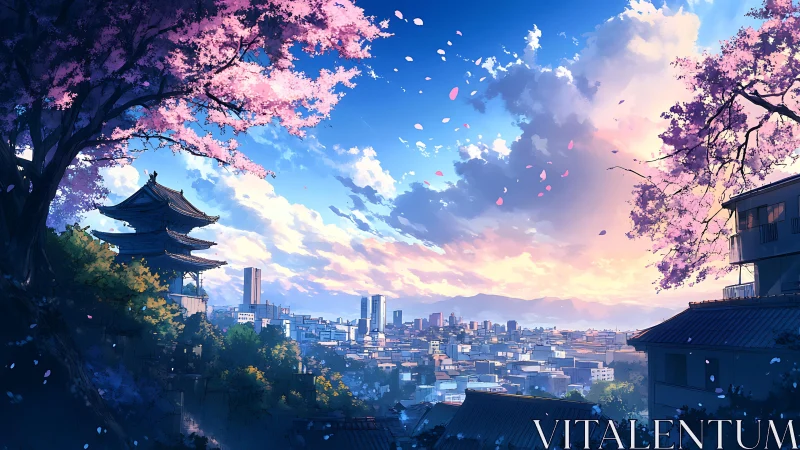 Cherry blossoms frame sunset skyline above distant city