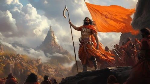 Stormlit saffron banner crowns the mountain of warrior monks