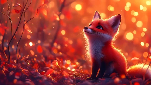 Small fox studies falling light in a glowing autumn forest