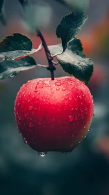 Red apple hangs from branch with fresh water droplets