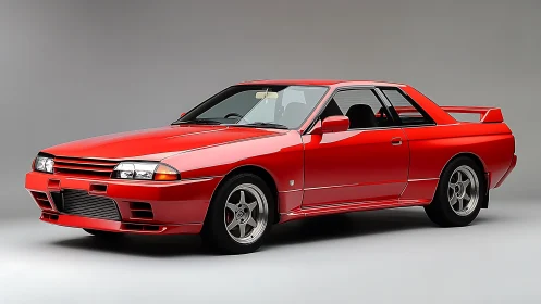 Red Nissan Skyline R32 coupe rendered in clean studio lighting