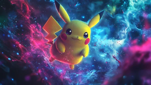 Pikachu rendered in luminous nebula-like digital space.