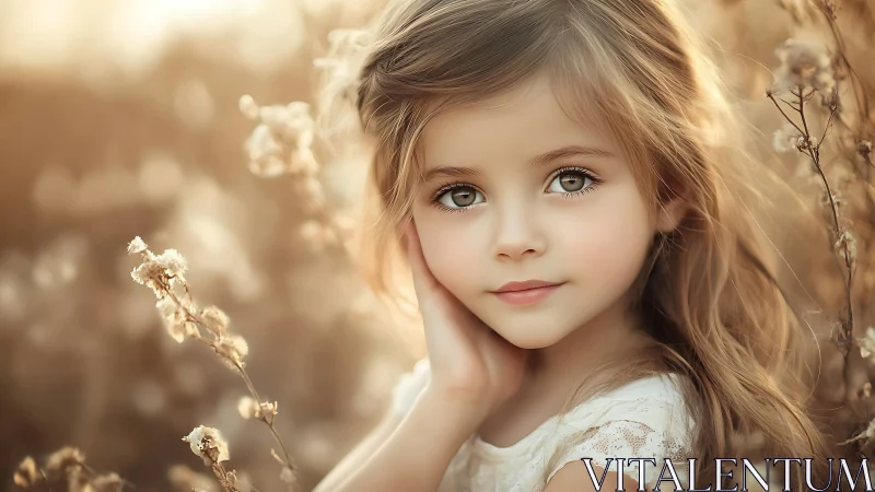 Young Child in Golden Meadow: Soft-Focus Portrait with Ethereal Lighting.