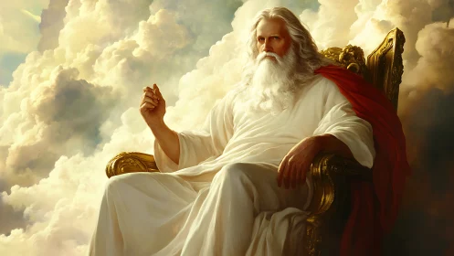Majestic robed deity sits on golden throne amid radiant clouds.