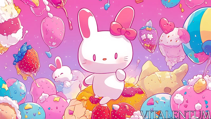 Cute cartoon bunny surrounded by colorful candy and desserts on pink background.