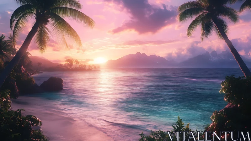 Tropical shoreline at sunset with palm silhouettes and clouds.