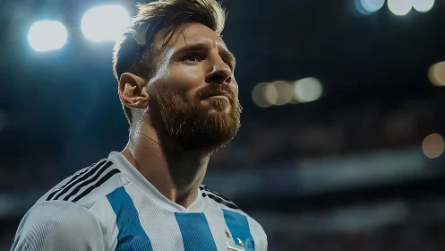 Close-up footballer portrait under intense stadium floodlights