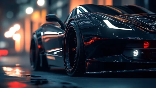 Low-angle view of black sports car under urban night lighting.