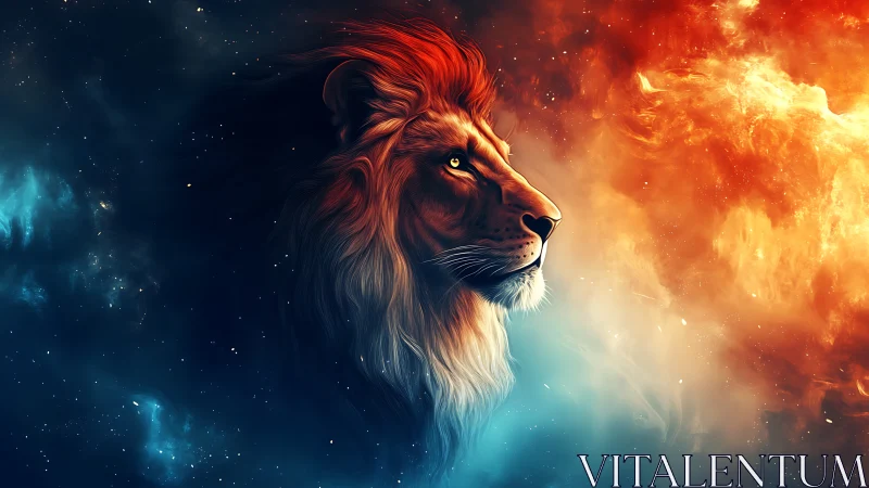 Majestic cosmic lion gazes calmly between fire and starlight