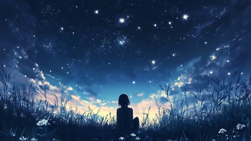 Girl sitting in twilight meadow under star filled night sky.