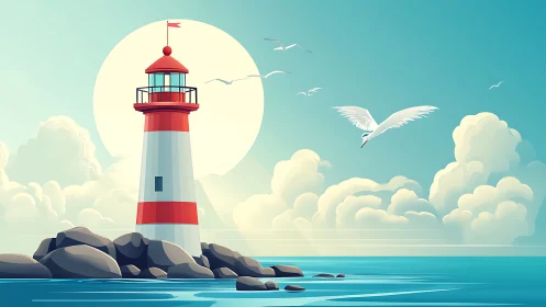 Coastal lighthouse illustration with stylized seascape lighting.