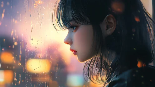 Girl looks out rainy window at blurred city lights