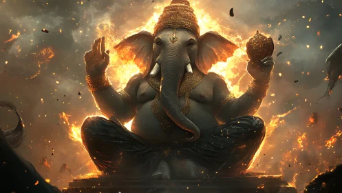 Flaming elephant sage floats calmly within molten twilight