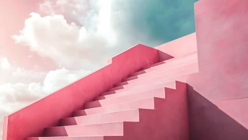 Minimalist pink stair architecture under pastel atmospheric sky.