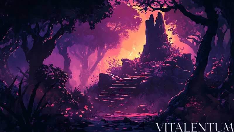 Neon-Lit Forest Cavern with Towering Monolith and Golden Sky.