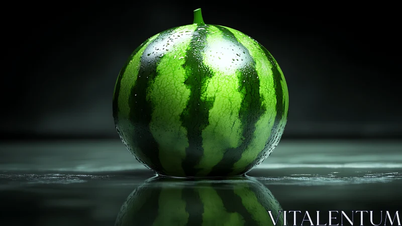 Whole watermelon with water droplets rests on reflective surface