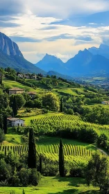 Sunlit terraced vineyards recede toward atmospheric blue mountains