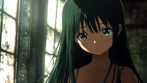 Young girl with long dark hair stands near backlit window