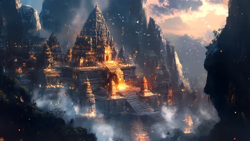 Mystic mountain temple city glowing through twilight mist.