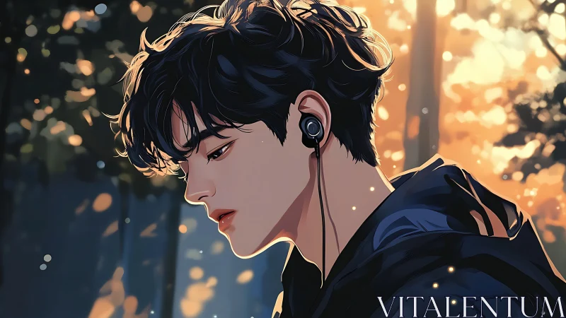 Side-profile study of pensive male listener in dusk forest light
