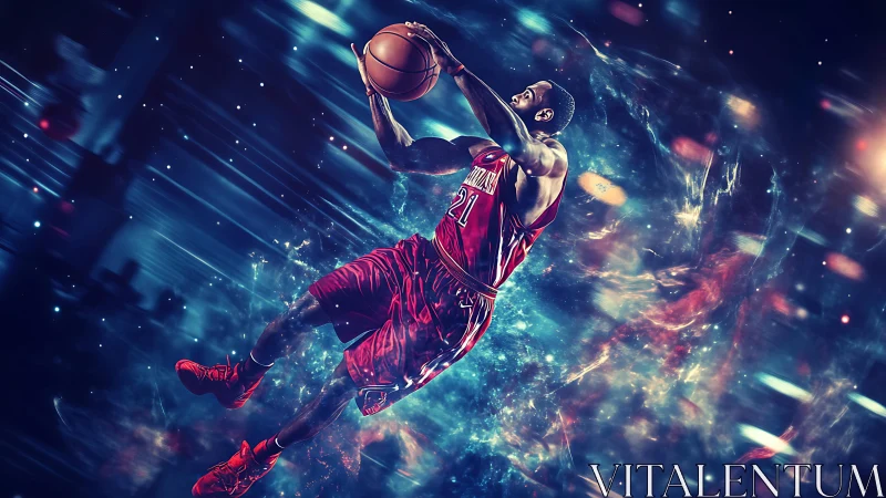 Dynamic cosmic basketball dunk in neon motion blur composition