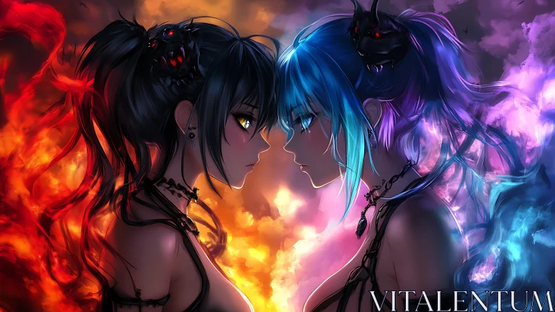 Twin elemental rivals press foreheads between fire and stormlight