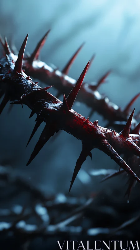 Bloodstained thorns in cinematic macro focus against haze.