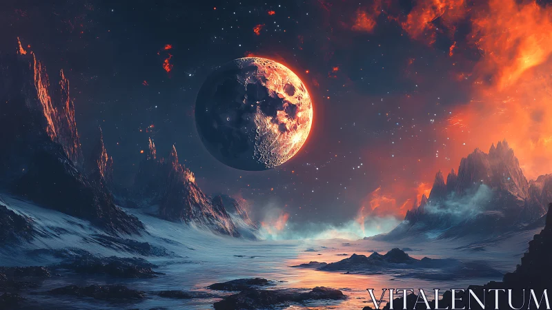 Luminous volcanic moon dominates an alien cryogenic seascape